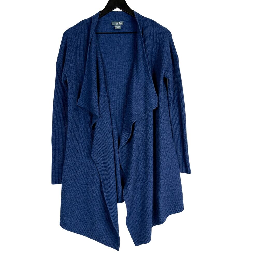 Griffen 100% Cashmere Draped Open Front Ribbed Cardigan Sweater Blue - M